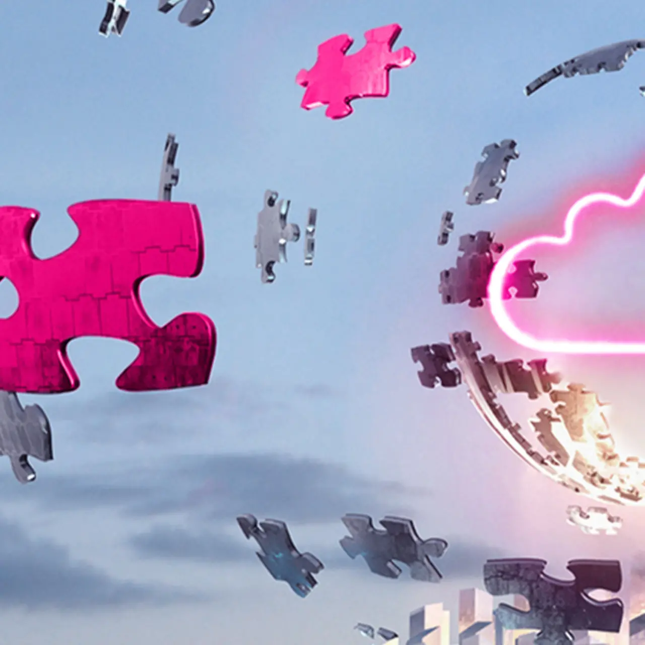 Piezas de rompecabezas volando alrededor de una nube digital