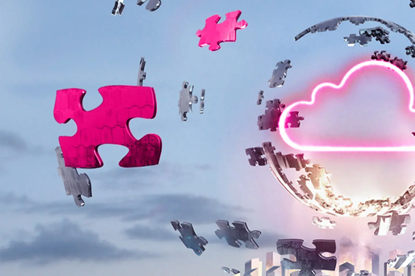 Puzzelstukjes vliegen om een digitale wolk