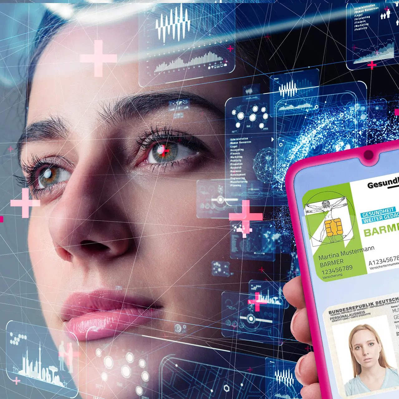 Face of woman with digital overlay and smartphone with health card