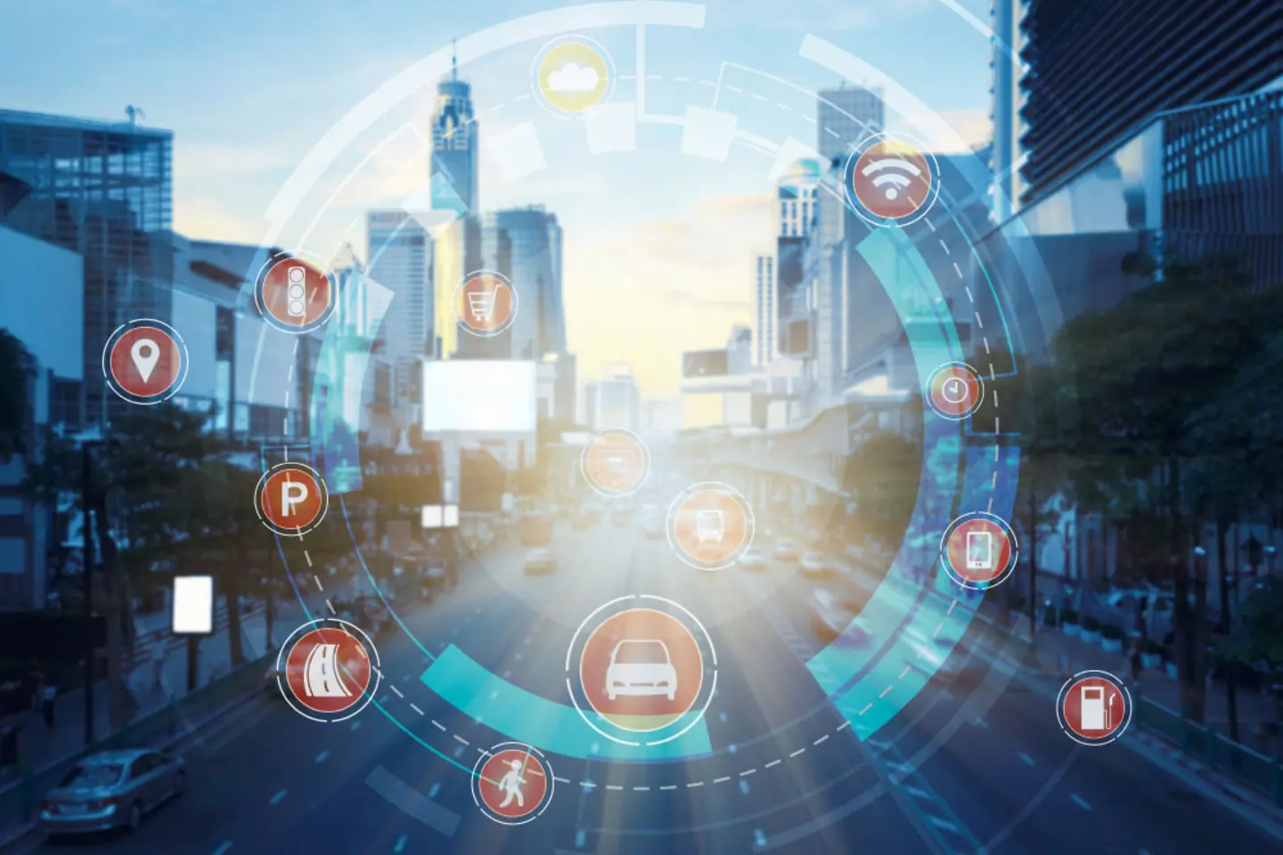 Ciudad con una capa superpuesta con diferentes medios de transporte