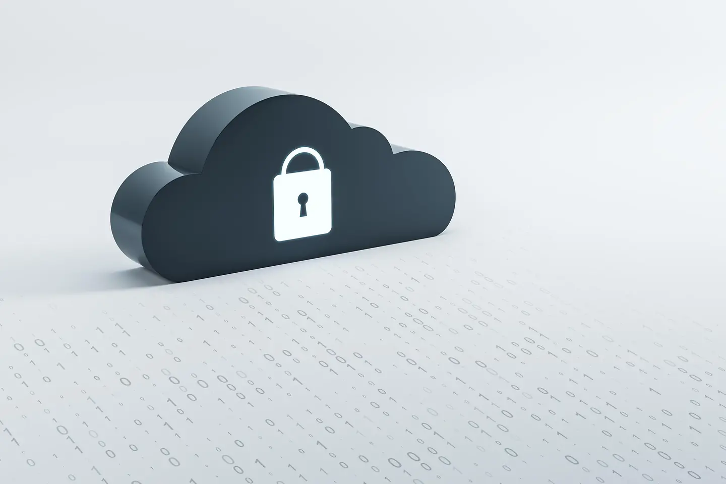 Cloud Security Darstellung mit schwarzer Wolke und weißem leuchtendem Schloss
