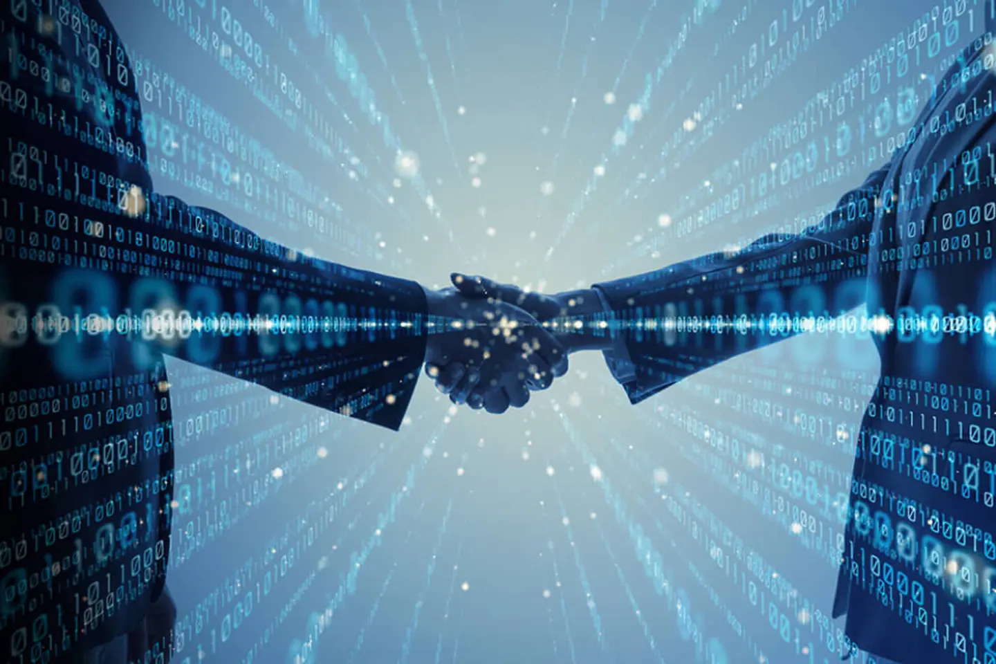 people shaking hands with binary code overlay