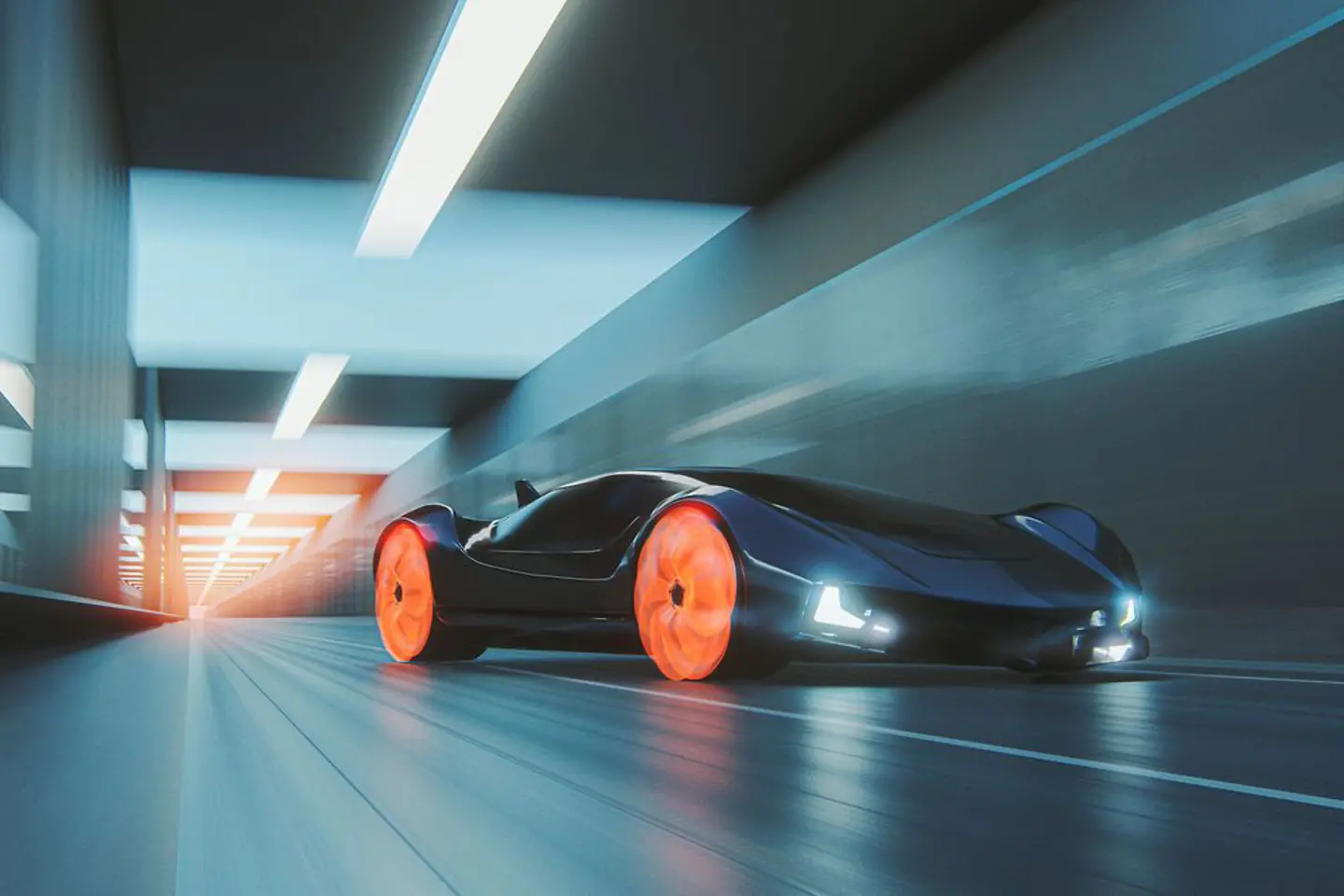 Futuristic car drives through a well-lit tunnel