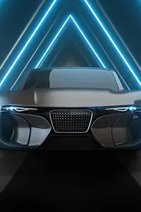 Shot of a futuristic self-driving car moving on a highway with 3D animated tunnel in background