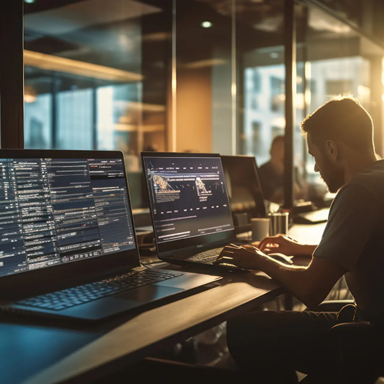 Team of software developers coding, collaborating, and testing applications in a modern development environment