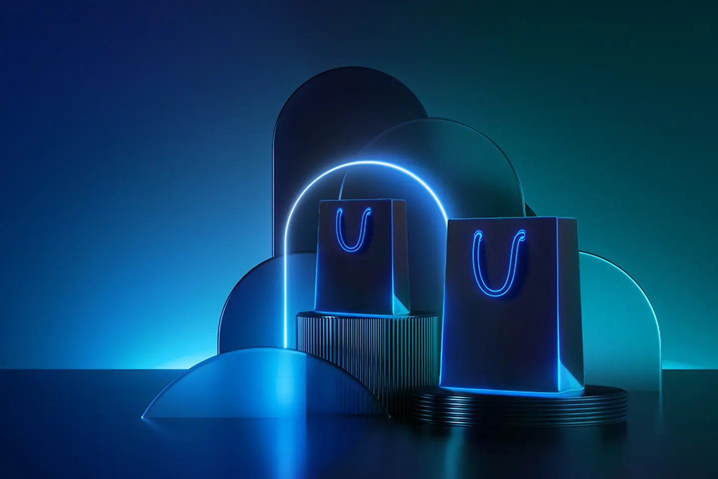 Bolsa de la compra abstracta en 3D sobre fondo azul