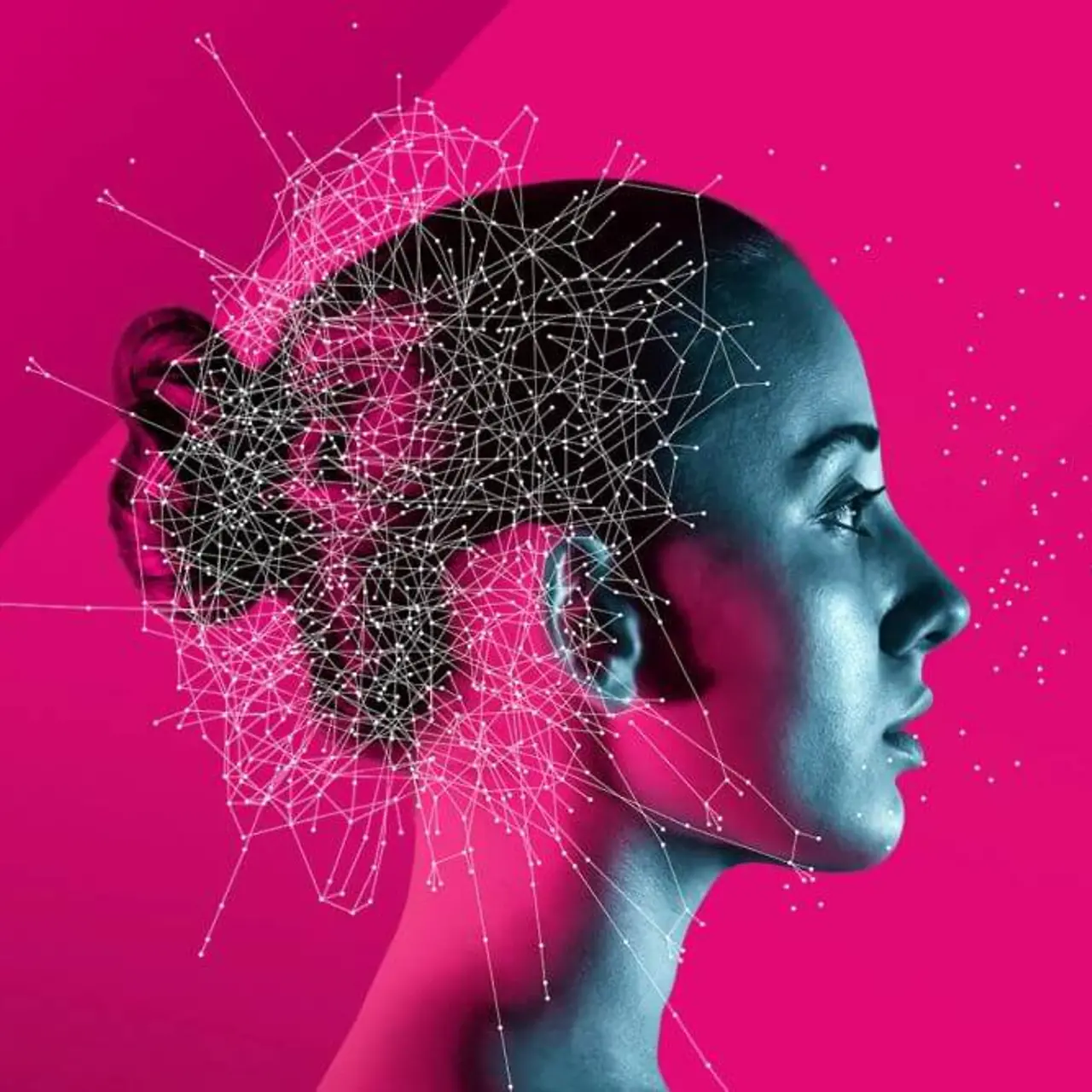 Representation of human and machine become one by means of a woman's head