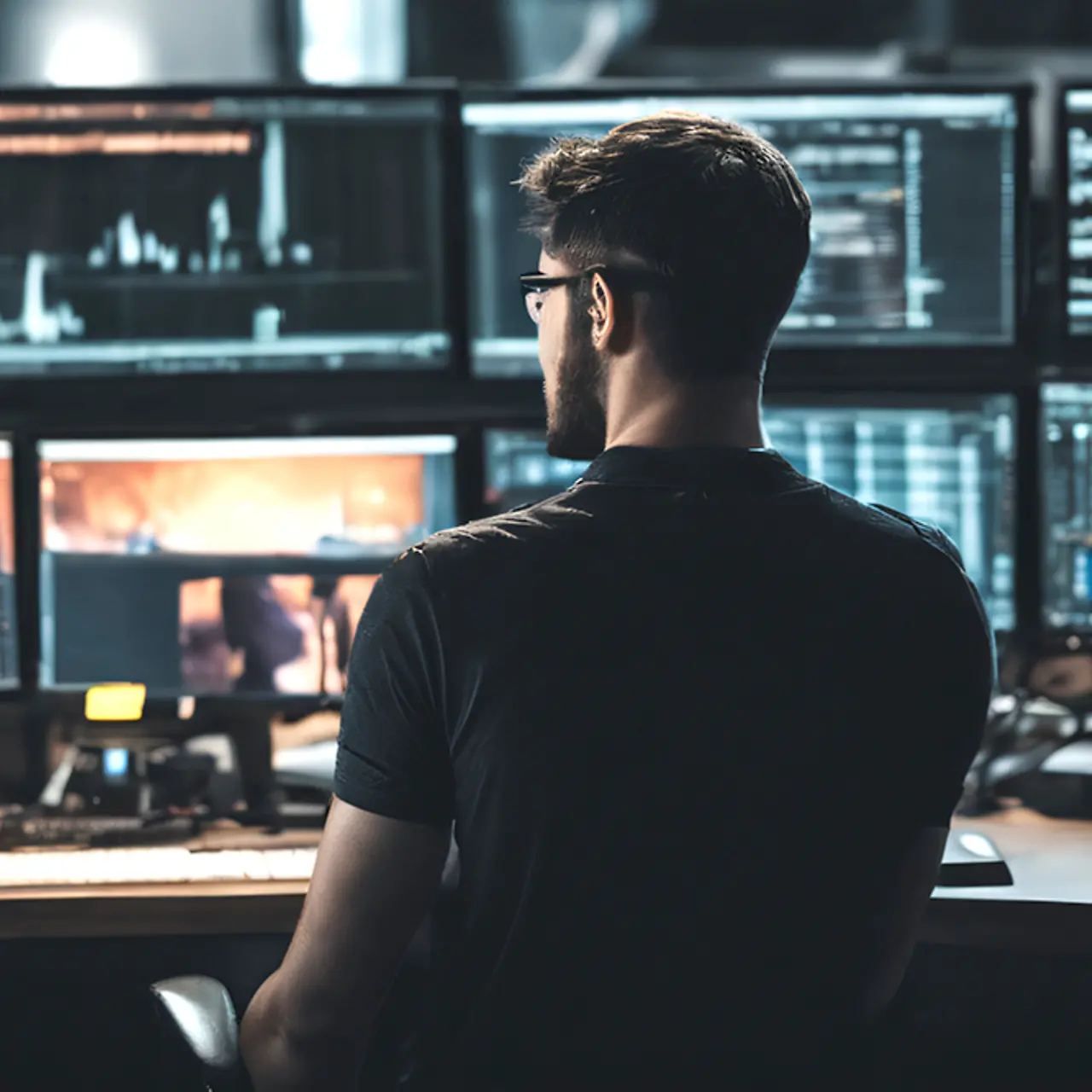 Software developer working on multiple monitors on application management