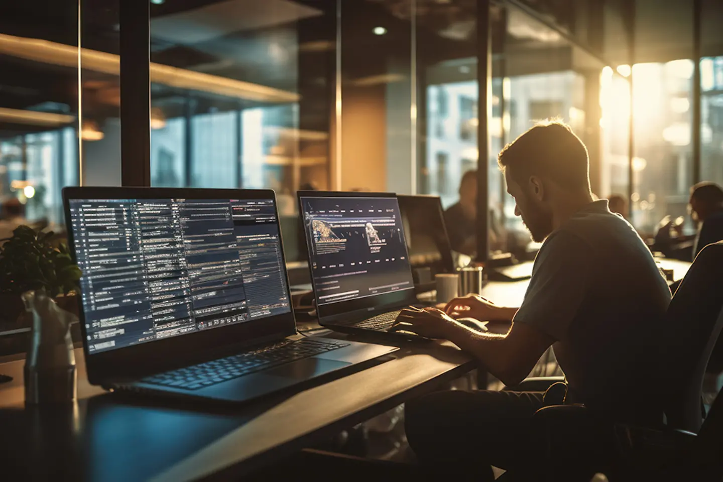 Team von Softwareentwicklern, die in einer modernen Entwicklungsumgebung Anwendungen programmieren, zusammenarbeiten und testen