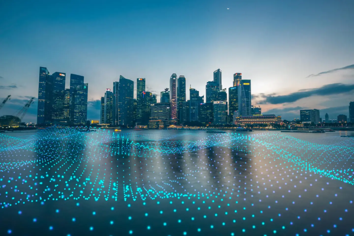 Paisaje urbano con partículas abstractas