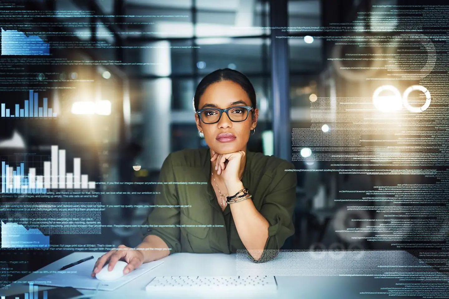 A woman looks head-on at a display