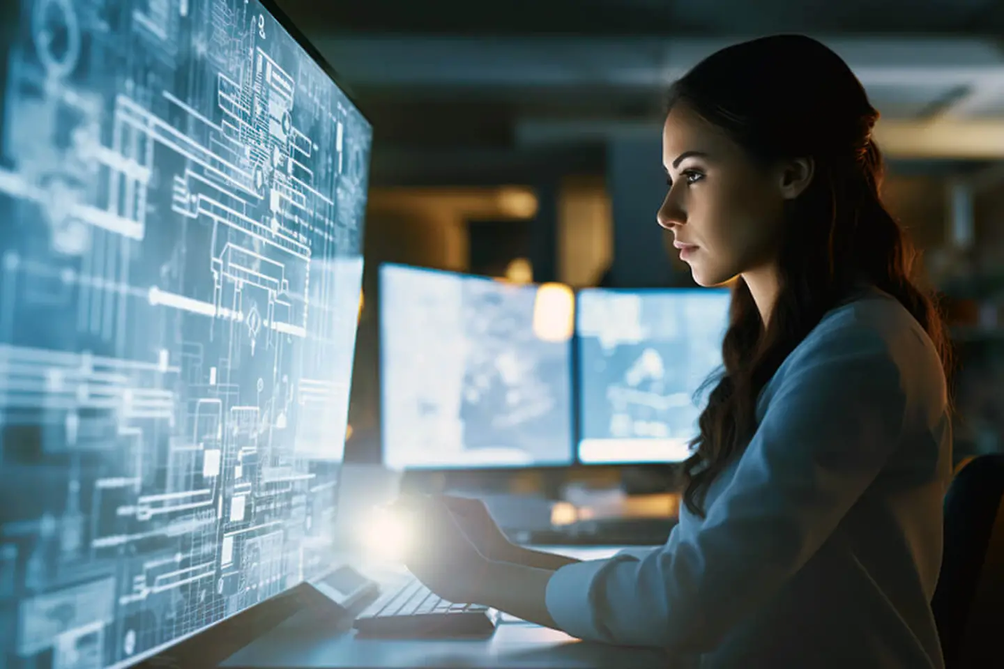 在满是数据的显示器前工作的 IT 专家——量子计算