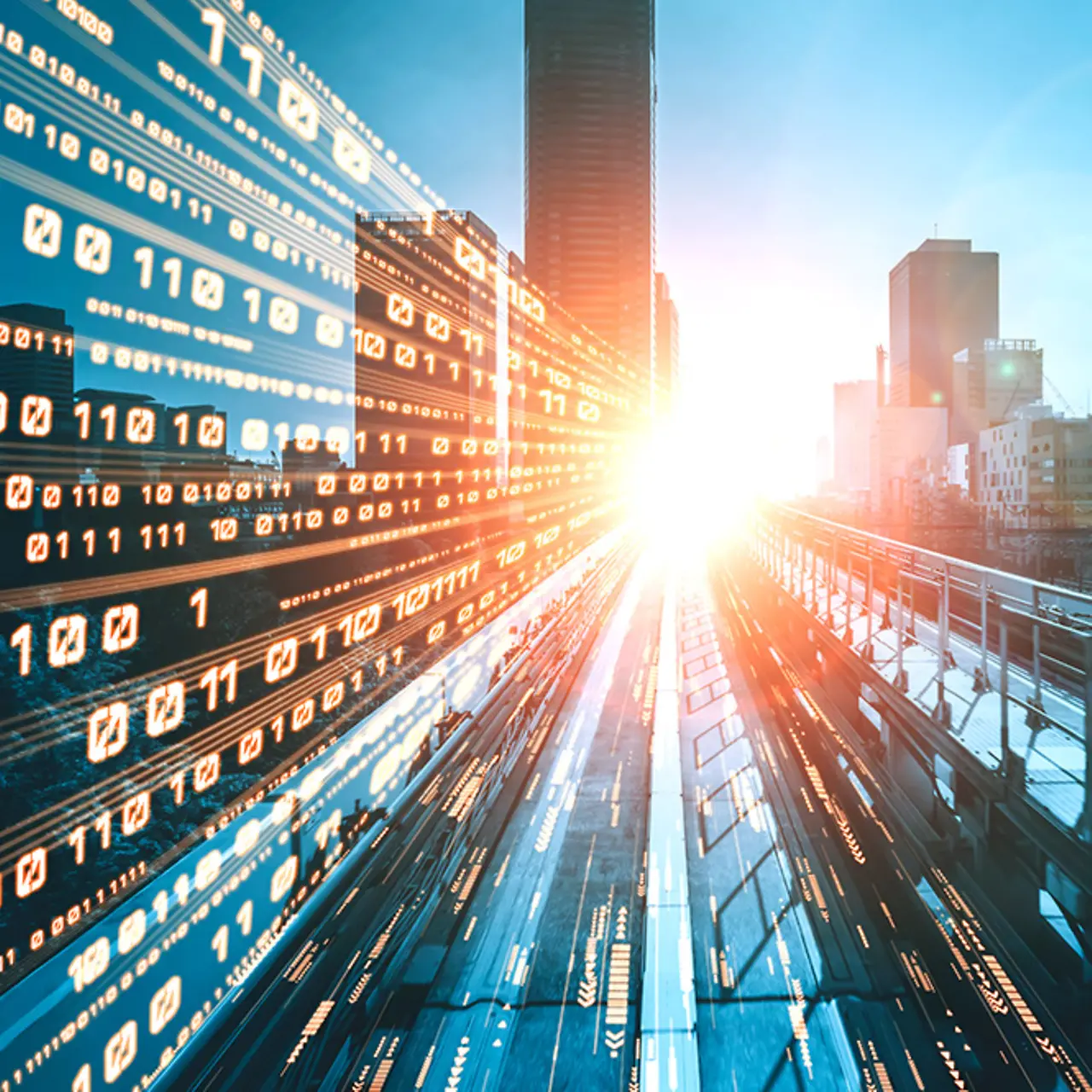 Digital data flow on road with motion blur to create vision of fast speed transfer.