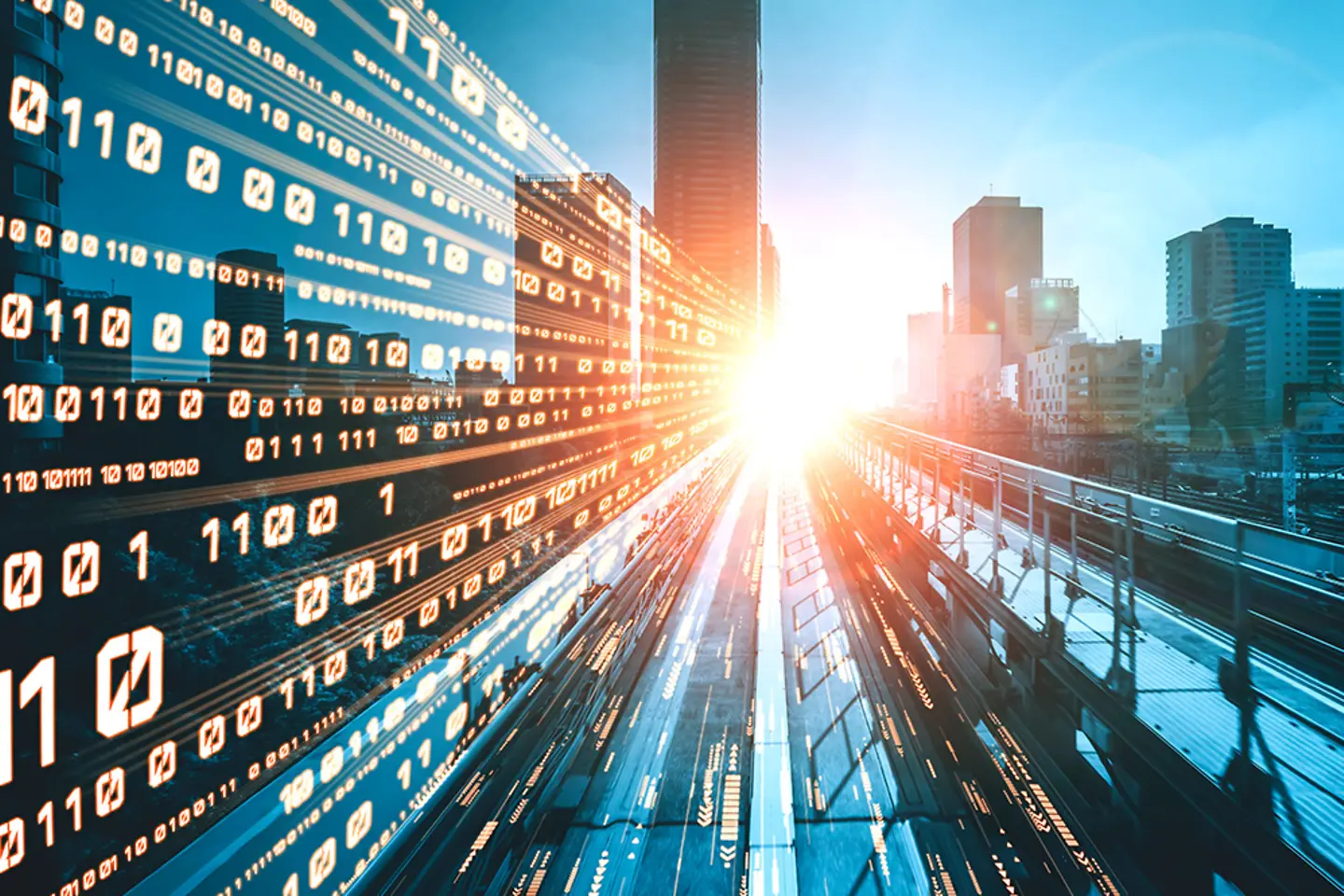 Digital data flow on road with motion blur to create vision of fast speed transfer.