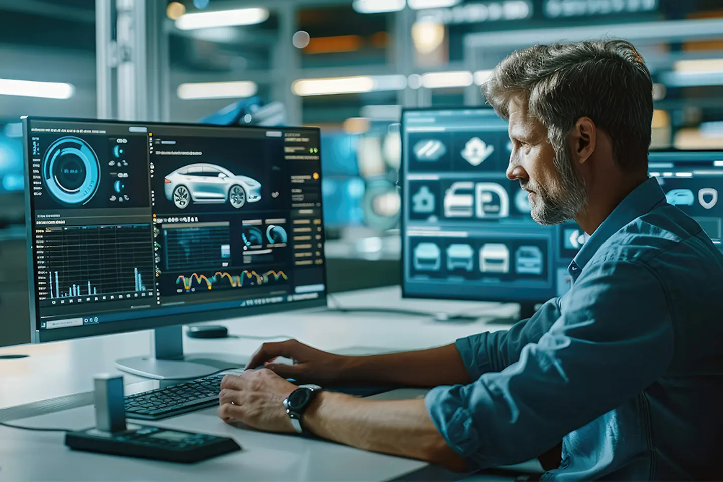 Um gerente de frota usa um software de gerenciamento de frota e vê vários dados na tela