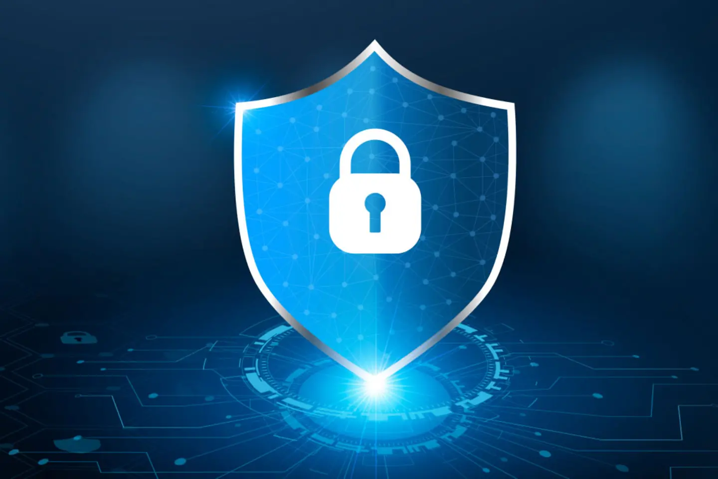 A large, blue security shield with a white lock in the middle