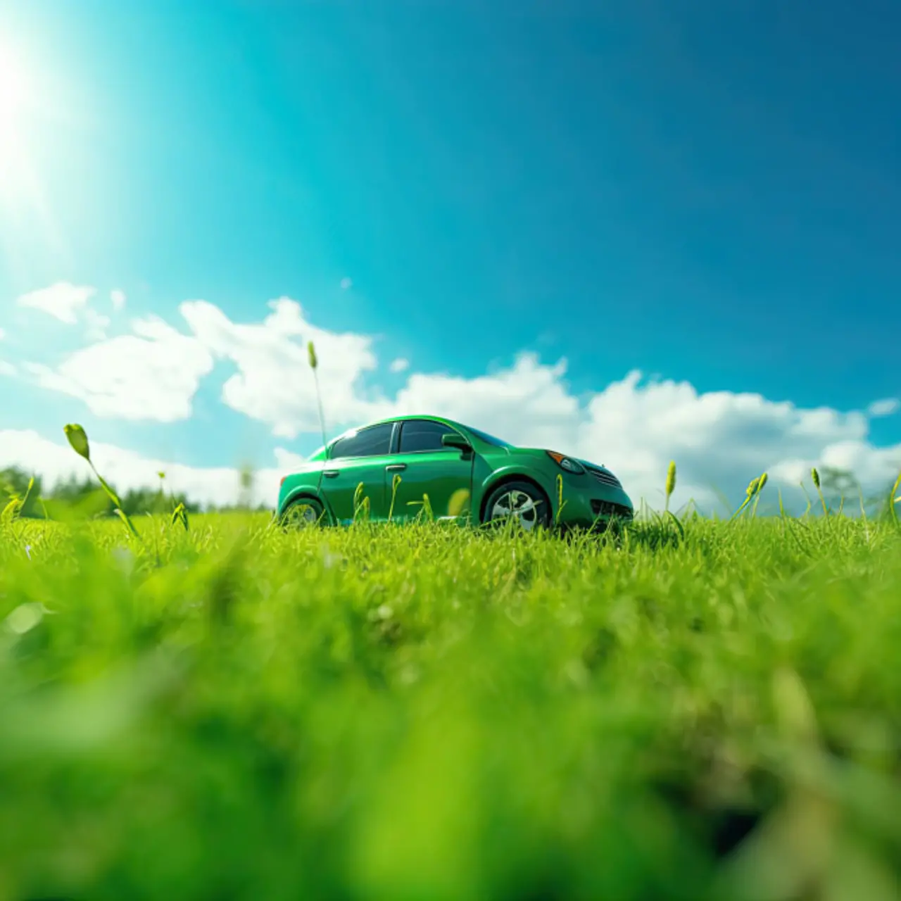 A moving green car, in the foreground a spring meadow