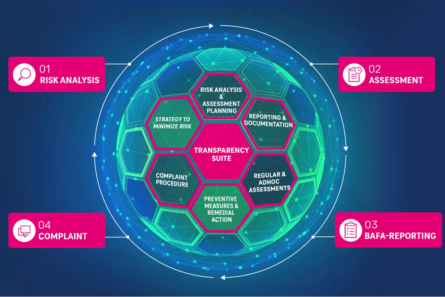 A graphic illustrates the Transparency Suite process in the form of a globe
