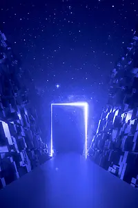 Glowing door in cyber space, road between walls of blocks under the night sky