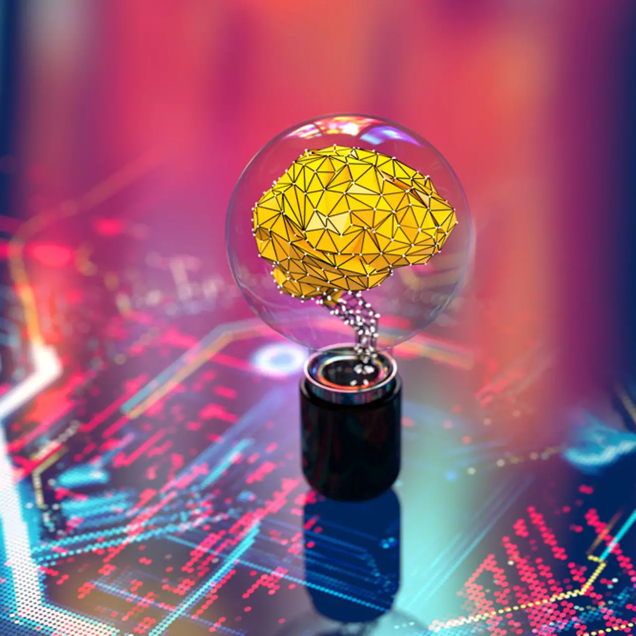 A brain made of polygons in a light bulb on a colorful circuit board