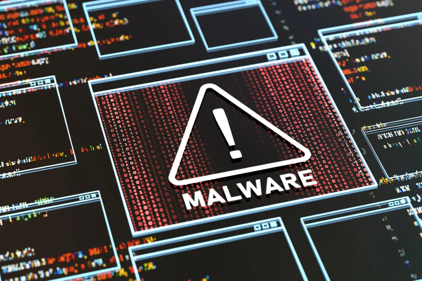 A digital window with a large warning sign and the label "Malware" 