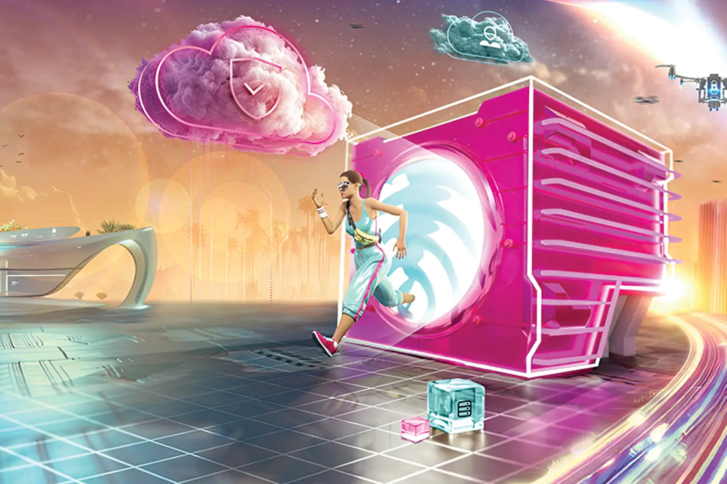 Frau rennt aus Cube in eine neue digitale Welt